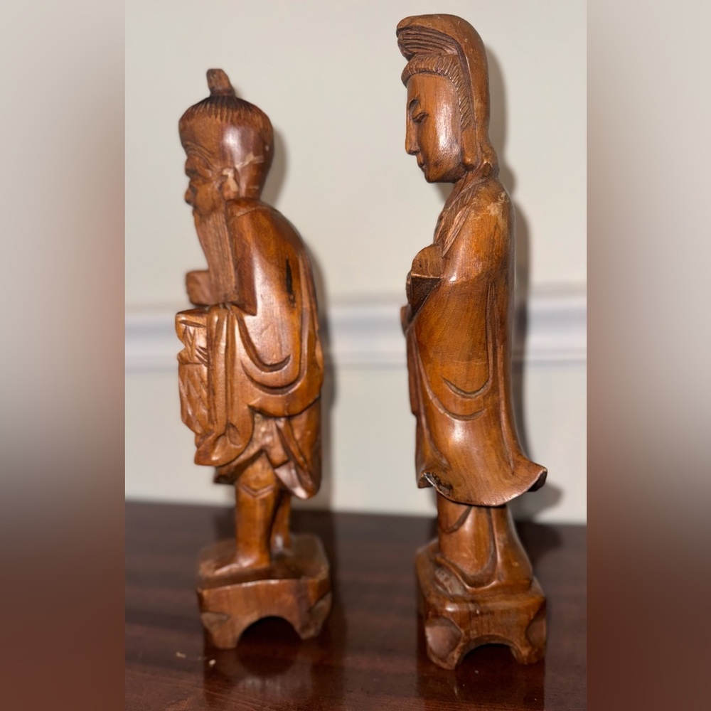Vintage Hand-Carved Wooden Asian Figurine Pair – Monk & Goddess Statues - Picture 3 of 6